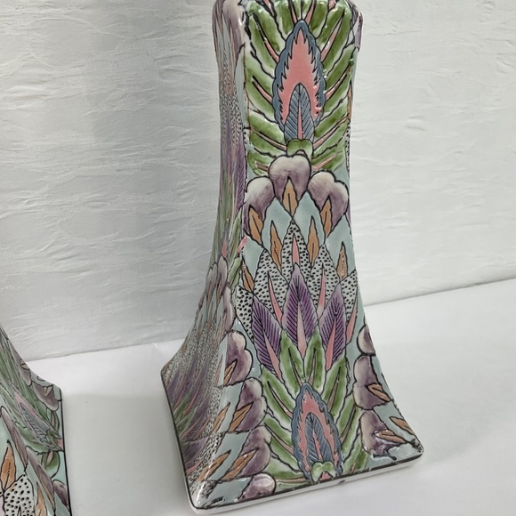 Vintage Chinoiserie Candle Holders Pastel Textured Boho Decor - One Pair (2) - Picture 9 of 13